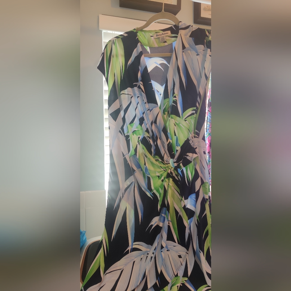 Tommy Bahama Perfect PalmDay Dress Sz L Large Floral Stretch Blue Green White